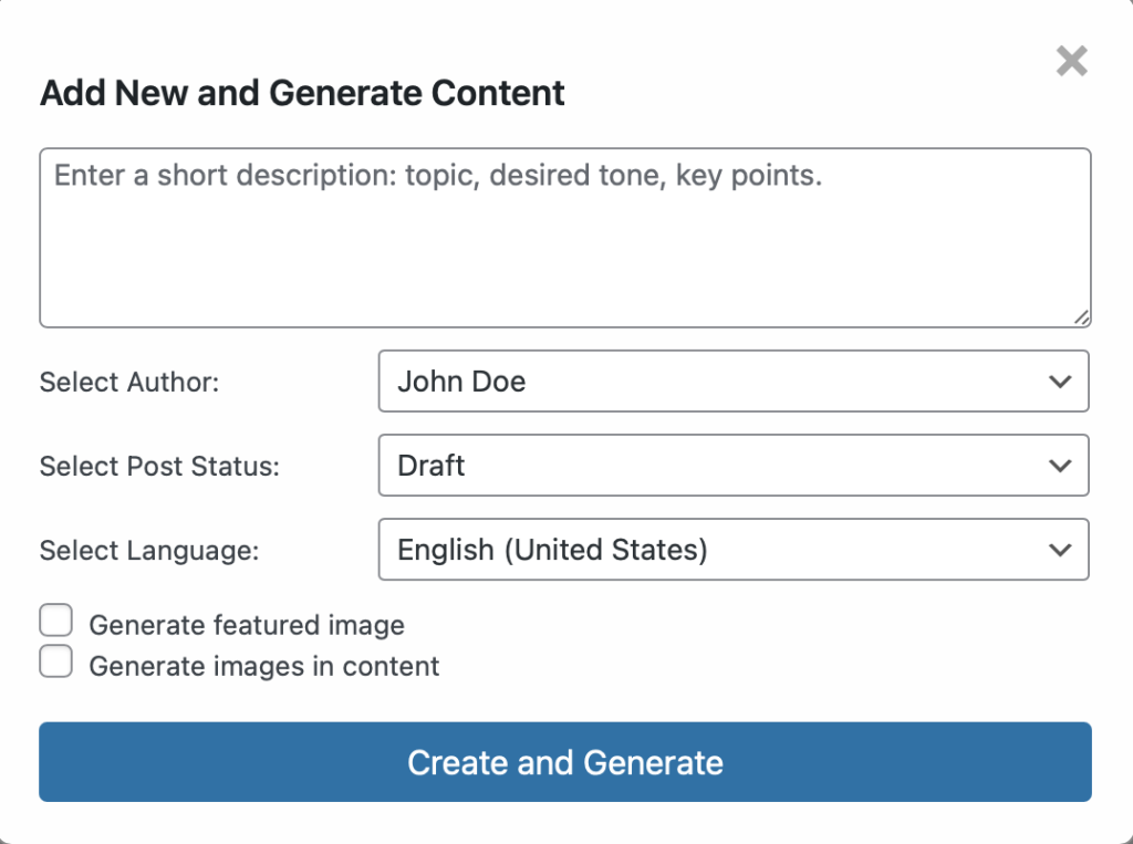 User interface for adding and generating new content with options for description, author selection, post status, language, and image generation