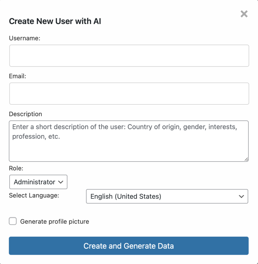 User interface for creating a new user with options for username, email, description, role, language, and profile picture generation