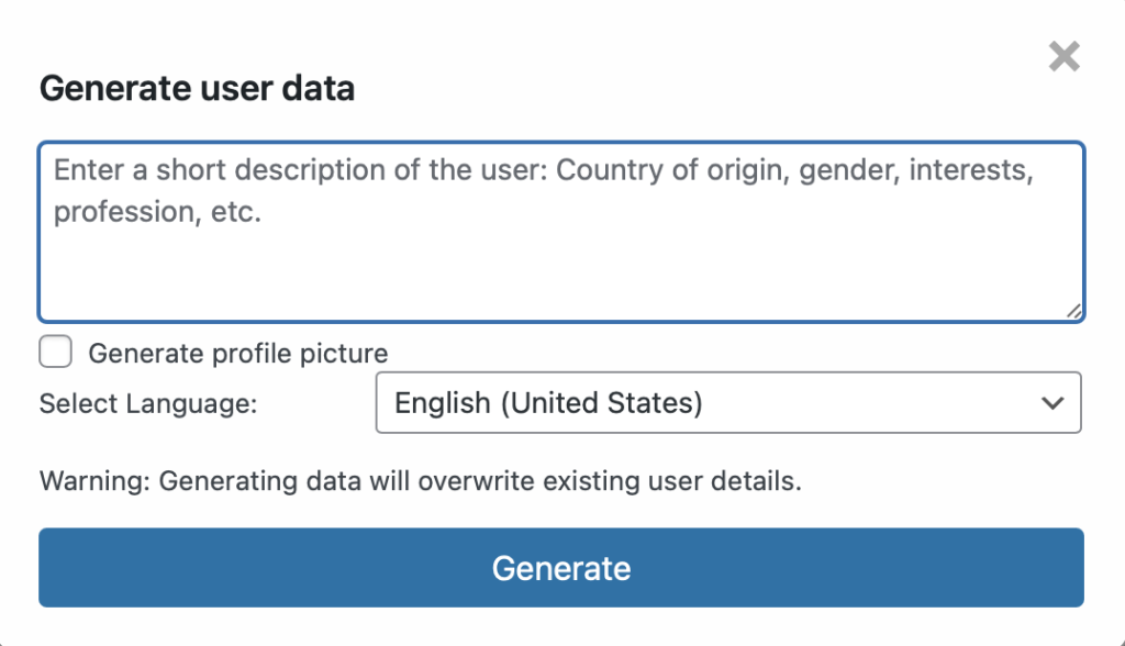 User interface for generating and updating existing user data with options for description, profile picture generation, and language selection