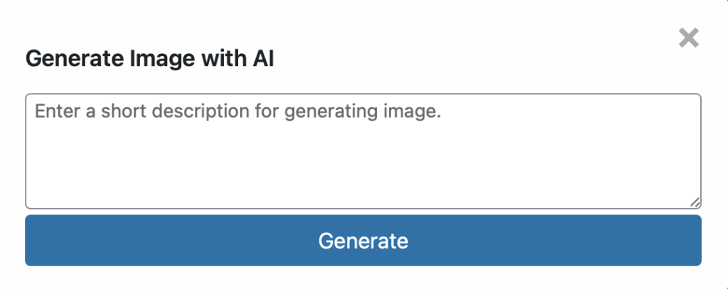 User interface for generating images with AI by entering a short description and clicking the generate button